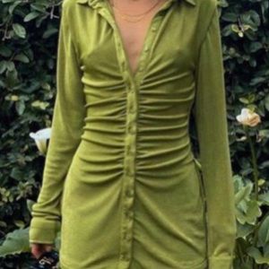 70s Style Velour Button Up Green Dress